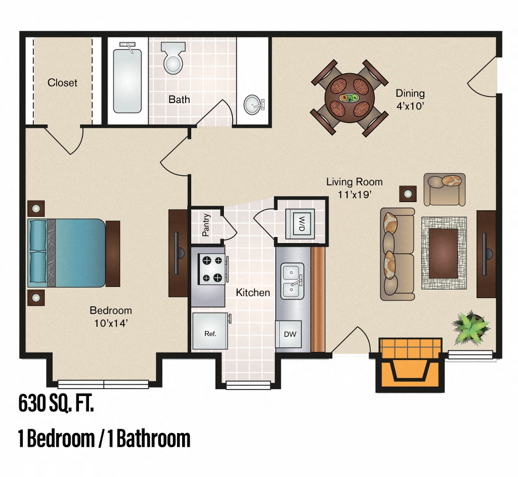 Floor plan for 1 bed, 1 bath, 630 sqft